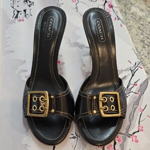 NIB Vintage Coach Black Leather Slide Mules with Gold Buckle Size 9.5